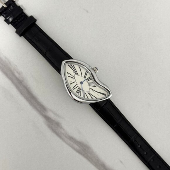 Sku:0213 vintage vibe retro silver white watch with black leather strap+Gift bag main image 7